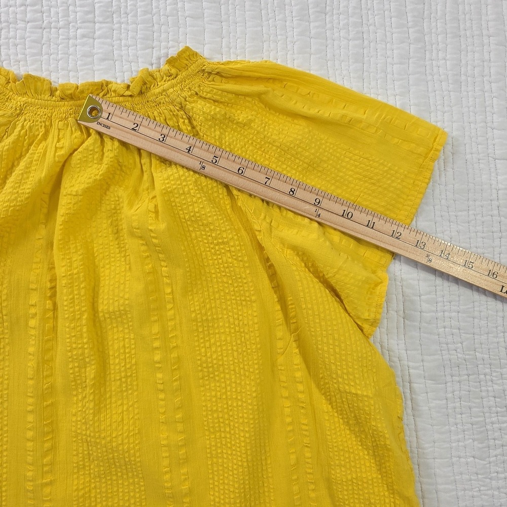 J Crew Ruffle V-Neck Blouse XL Butter Yellow Cotton Textured Short Sleeve Top - Picture 12 of 15
